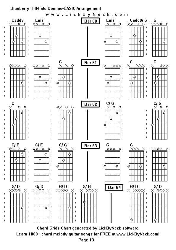 Chord Grids Chart of chord melody fingerstyle guitar song-Blueberry Hill-Fats Domino-BASIC Arrangement,generated by LickByNeck software.